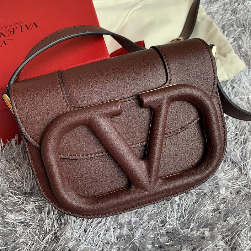 Valentino Shoulder Tote Bags VA0109 Plain Leather Button Coffee